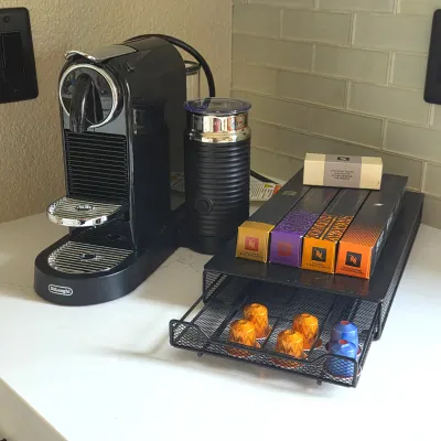 Sale Photo Thumbnail #73: Nespresso De’Longhi Espresso Machine with Aeroccino Milk Frother, Pod Storage & Capsules