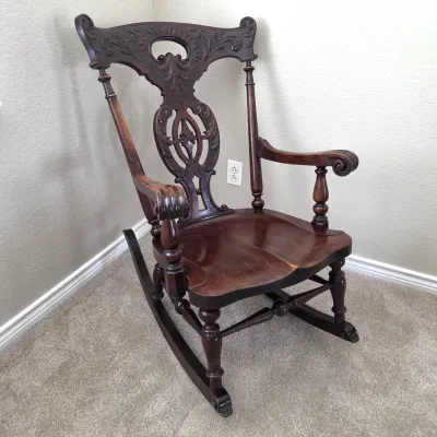 Sale Photo Thumbnail #26: Antique Victorian Carved Wood Rocking Chair with Ornate Pierced Back