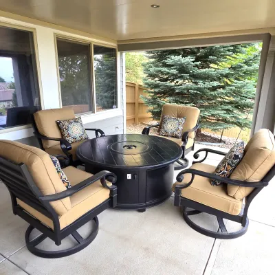 Sale Photo Thumbnail #11: Christy Sports 5-Pc Patio Fire Pit Set w/ 4 Swivel Chairs, Sunbrella & Propane Tank