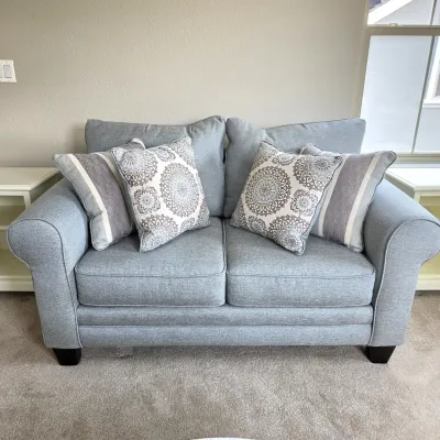 Sale Photo Thumbnail #12:  Gray Upholstered Loveseat with 4 Accent Pillows – Fusion Furniture