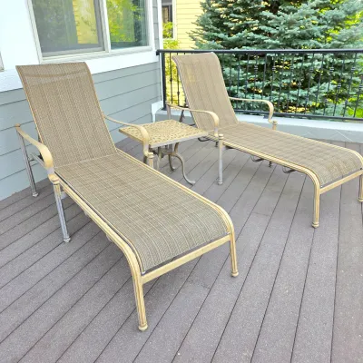 Sale Photo Thumbnail #2: Pair of Howard Lorton Veranda Classics Adjustable Patio Chaise Lounges w/ Table
