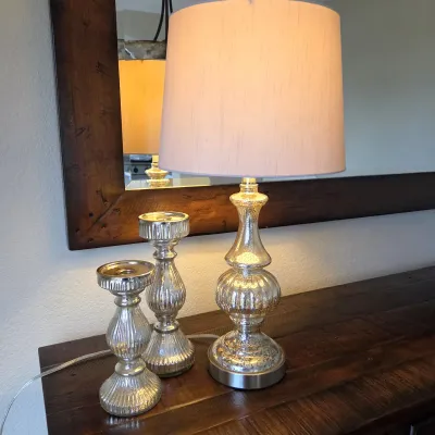 Sale Photo Thumbnail #18: Mercury Glass Table Lamp & Graduated Pillar Candle Holders – 3-Piece Set