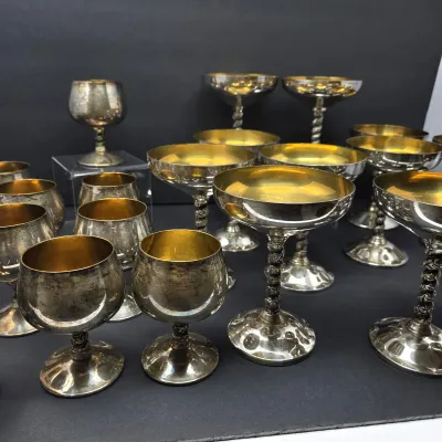 Sale Photo Thumbnail #82: (23)-Piece Silver Plate & Gold-Tone Brandy and Champagne Coupe Set – Made in Spain