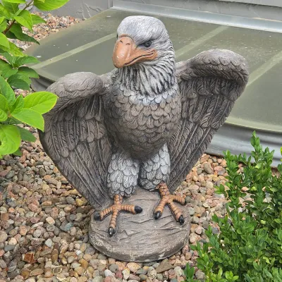 Sale Photo Thumbnail #68: Heavy Cast Stone Bald Eagle Garden Statue – 23" Tall - Patio Outdoor Decor