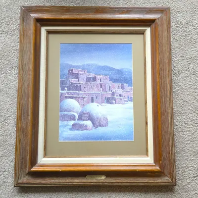 Sale Photo Thumbnail #45:  James Fields “Pueblo Winter” Taos New Mexico Lithograph – Framed Southwestern Art