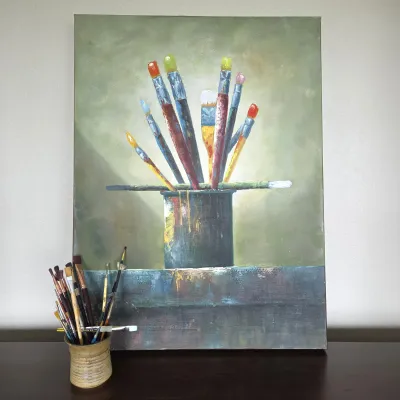 Sale Photo Thumbnail #20: -Ballard Designs 30" x 40" Artist’s Paintbrush Canvas with Pottery Brush Holder & Brushes