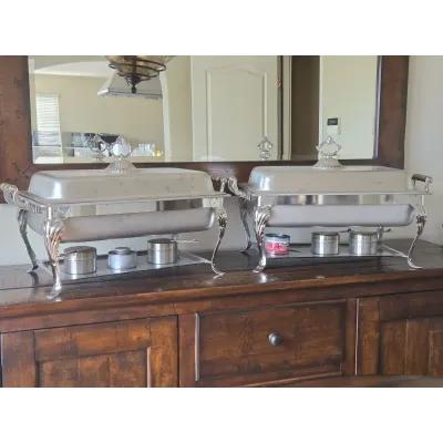 Sale Photo Thumbnail #62: Set of 2 Ornate Stainless Steel Chafing Dishes with Fuel Holders – 22" x 14" - Entertaining