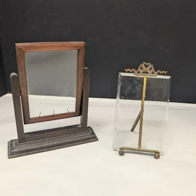 French Brass Easel Picture Frame Glass Stand & Antique Wood Swinging Picture Frame