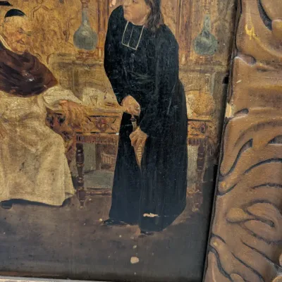 Antique Painting After José Frappa, Clerical Scene in Ornate Gilt Frame