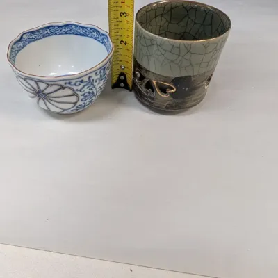 Antique Kangxi Blue & White Porcelain Tea Bowl & Obori-soma Yaki Cup Ceramic Japan