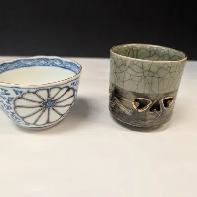 Antique Kangxi Blue & White Porcelain Tea Bowl & Obori-soma Yaki Cup Ceramic Japan