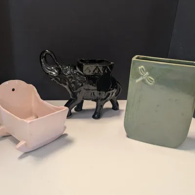 Vintage Planters Haeger Pottery Baby Cradle, Vintage Elephant Shaped Black Ceramic Planter & Green Planter With Raised Dragonfly