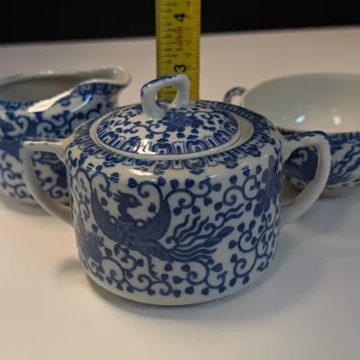 Vintage Nippon Phoenix Blue & White Creamer Pitcher, Sugar Dish & Cup