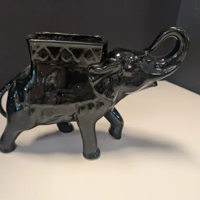 Vintage Planters Haeger Pottery Baby Cradle, Vintage Elephant Shaped Black Ceramic Planter & Green Planter With Raised Dragonfly