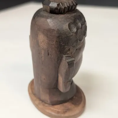 Kuan-Yin In Meditation Figure, Vintage Carved Wooden Face Buddha Oriental Bust, Vintage Hand Made Mud Men & Embossed Brass Dish