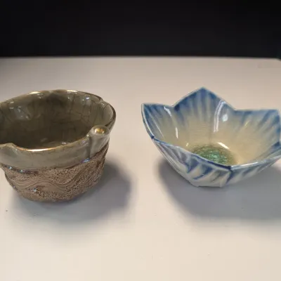 Brown Pottery Bowl Signed & Flower Ceramic Bowl