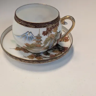 Japanese Lithophane Cup & Saucer House Bamboo Secret Geisha Girl