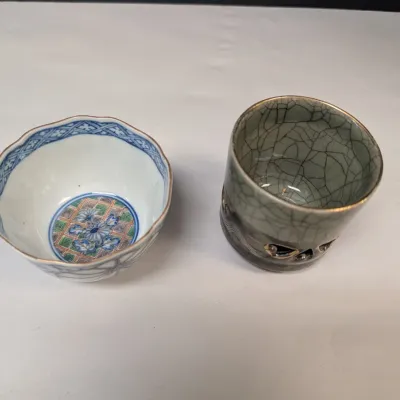 Antique Kangxi Blue & White Porcelain Tea Bowl & Obori-soma Yaki Cup Ceramic Japan