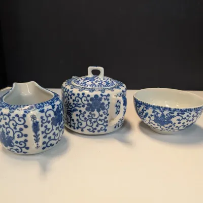 Vintage Nippon Phoenix Blue & White Creamer Pitcher, Sugar Dish & Cup