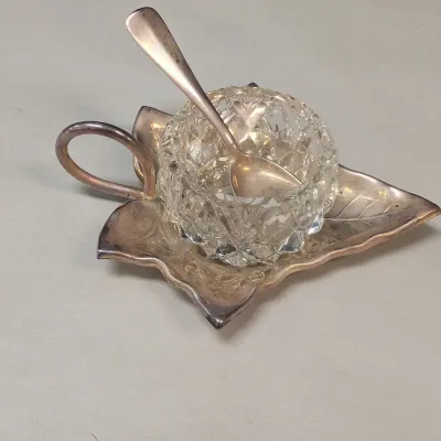 Vintage WMF Silver Plate & Crystal Glass Miniature Bowl With Spoon Leaf Design