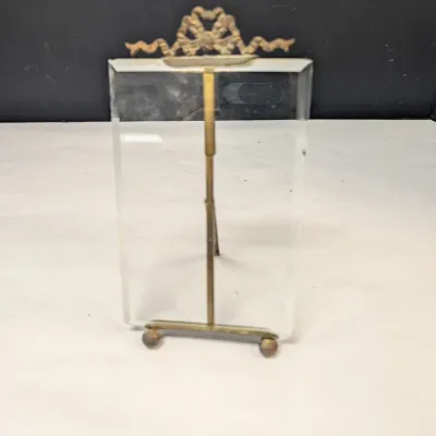 French Brass Easel Picture Frame Glass Stand & Antique Wood Swinging Picture Frame