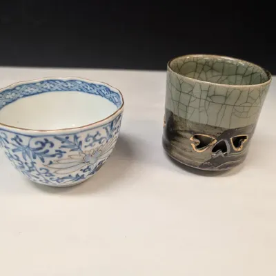Antique Kangxi Blue & White Porcelain Tea Bowl & Obori-soma Yaki Cup Ceramic Japan