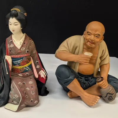 Vintage Hakata Urasaki Napco Japan Clay Figure Drinking Sake & Hakata Urasaki Napco Japan Clay Okusan Figure