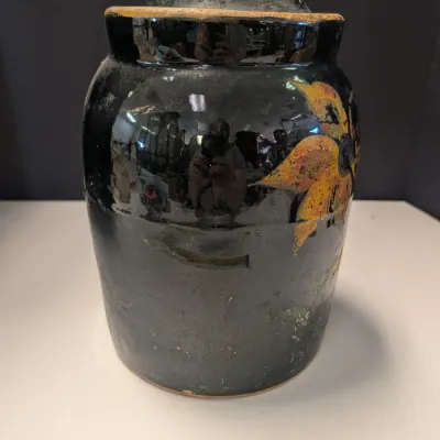 Vintage Crock Cookie Jar w/ Lid & Yellow Flowers