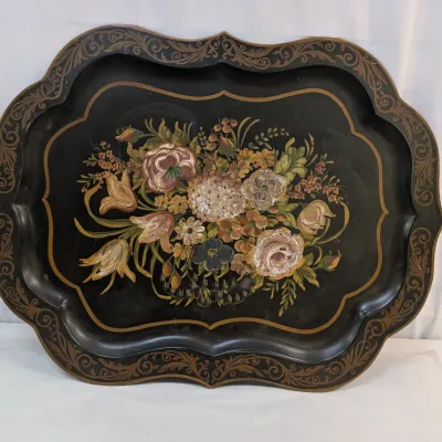 Vintage Hand-Painted Floral Tôleware Metal Serving Tray