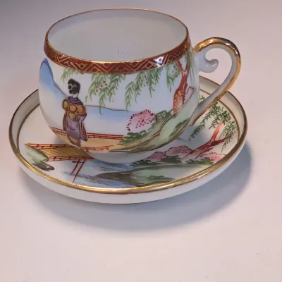 Japanese Lithophane Cup & Saucer House Bamboo Secret Geisha Girl