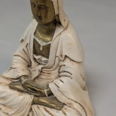 Kuan-Yin In Meditation Figure, Vintage Carved Wooden Face Buddha Oriental Bust, Vintage Hand Made Mud Men & Embossed Brass Dish