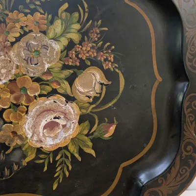 Vintage Hand-Painted Floral Tôleware Metal Serving Tray