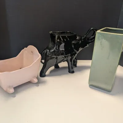 Vintage Planters Haeger Pottery Baby Cradle, Vintage Elephant Shaped Black Ceramic Planter & Green Planter With Raised Dragonfly