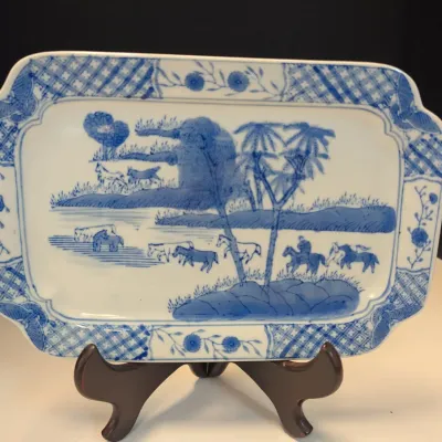 Vintage Chinese Blue & White Porcelain Tray "Eight Horses Of Wang Mu" Landscape, Rectangular Serving Dish w/ Seal