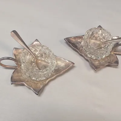 Vintage WMF Silver Plate & Crystal Glass Miniature Bowl With Spoon Leaf Design