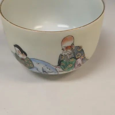 Chinese Scenic Pottery Vase & Porcelain Tea Cups
