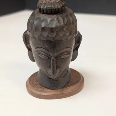 Kuan-Yin In Meditation Figure, Vintage Carved Wooden Face Buddha Oriental Bust, Vintage Hand Made Mud Men & Embossed Brass Dish