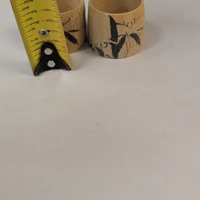 Vintage Hand Painted Made In Japan Roll Top Wooden Trinket Box With Drawer, Wood Burned Pencil Box & A Pair Of Napkin Rings