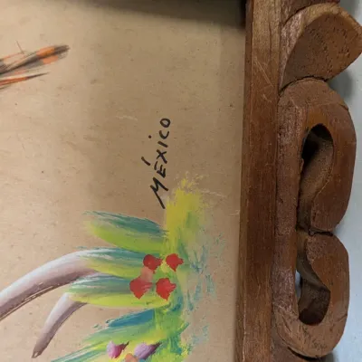 Vintage Mexican Bird Folk Art Feathercraft With Hand Carved Cedar Frame