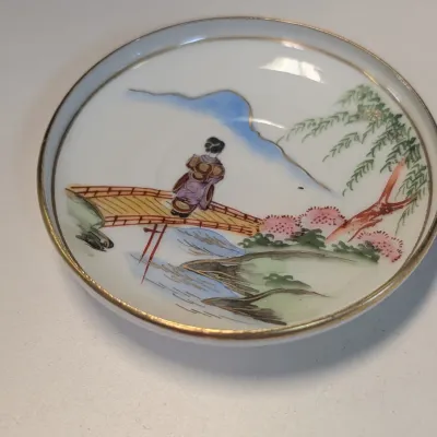 Japanese Lithophane Cup & Saucer House Bamboo Secret Geisha Girl