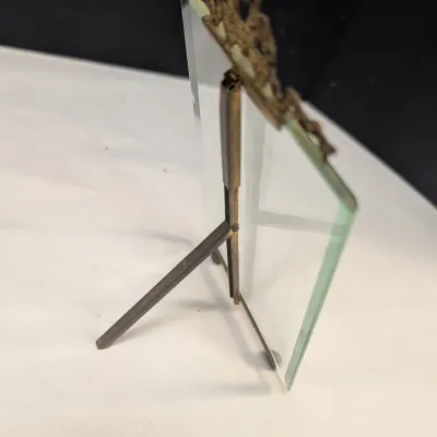 French Brass Easel Picture Frame Glass Stand & Antique Wood Swinging Picture Frame