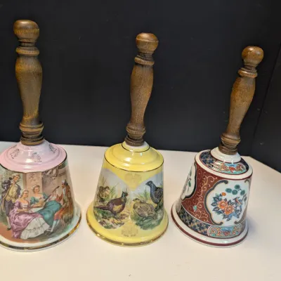 Vintage Porcelain Hand Bells With Wooden Handles - Set of 3