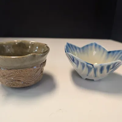 Brown Pottery Bowl Signed & Flower Ceramic Bowl