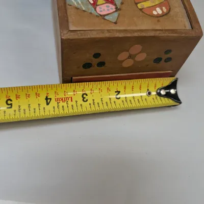 Vintage Hand Painted Made In Japan Roll Top Wooden Trinket Box With Drawer, Wood Burned Pencil Box & A Pair Of Napkin Rings