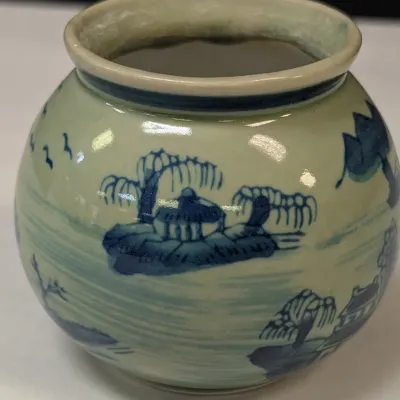 Chinese Scenic Pottery Vase & Porcelain Tea Cups