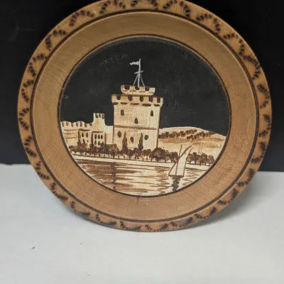 3 1/2" Made In Greece Wooden Castle Wall Decor & Hand Turned Bowl