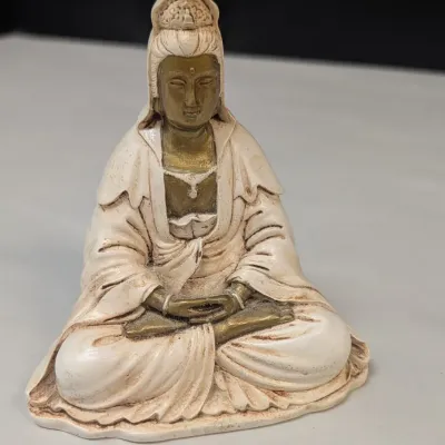 Kuan-Yin In Meditation Figure, Vintage Carved Wooden Face Buddha Oriental Bust, Vintage Hand Made Mud Men & Embossed Brass Dish