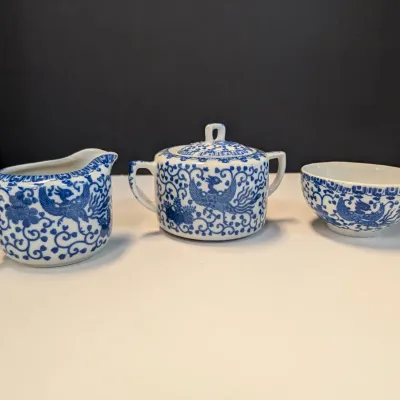 Vintage Nippon Phoenix Blue & White Creamer Pitcher, Sugar Dish & Cup