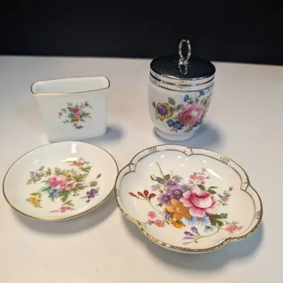 Floral Royal Worcester Egg Coddler, Royal Crown Derby Tudor Trinket Dish, Marlow Minton Trinket Dish & Toothpick Holder