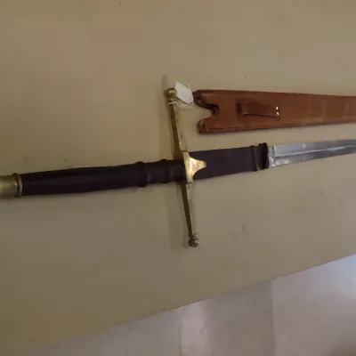 Long, Two Handed Stainless Sword with Sheath- Gold Toned Guard- Approx 51" Long